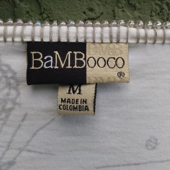 EUC BAMBOOCO Black & White Swirl Design Scrunched Top w/Beaded V-Neckline Medium - Picture 3 of 8